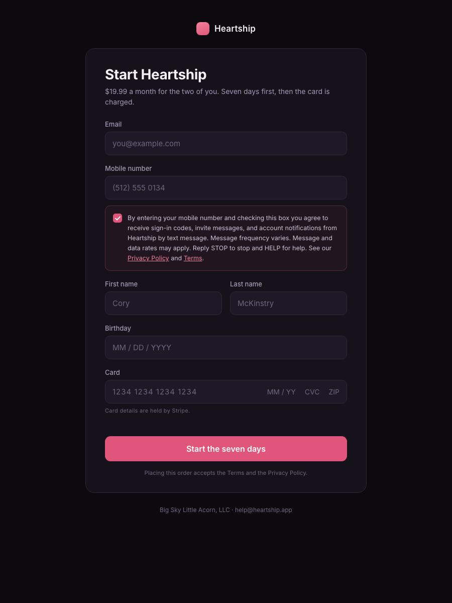 The Heartship signup form with the mobile number field and the consent checkbox under it